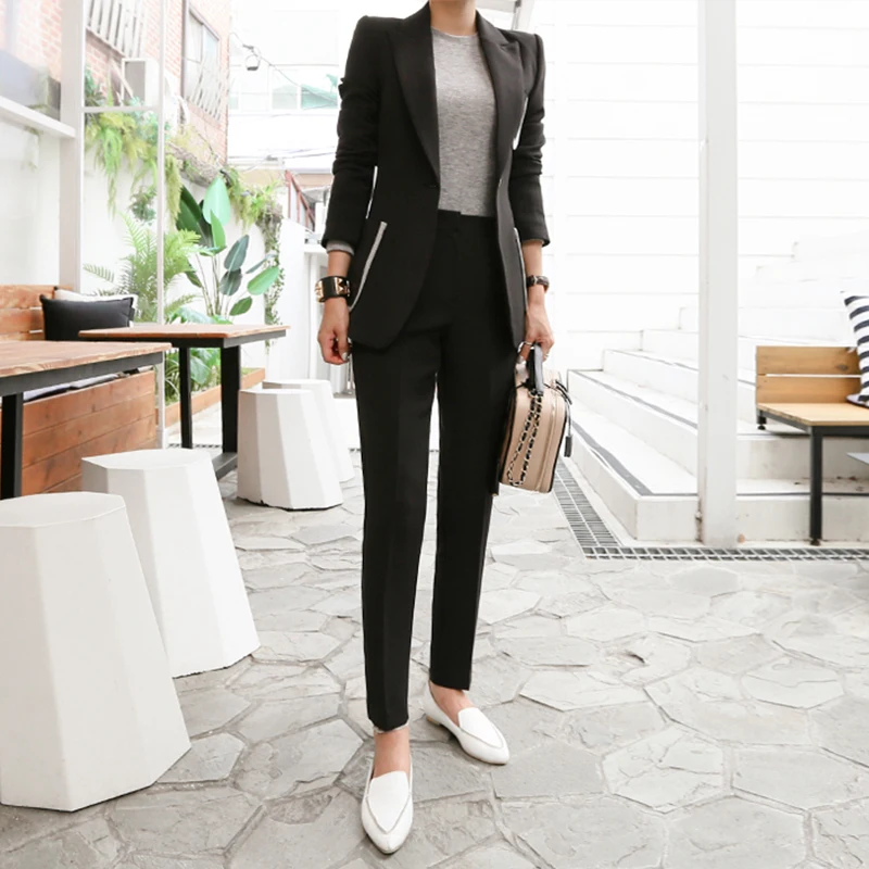 2018 Autumn Winter New Korean Red Slim Business Blazer + Pant 2 Two Piece Set Women Office Lady Notched Jacket Trousers Suits