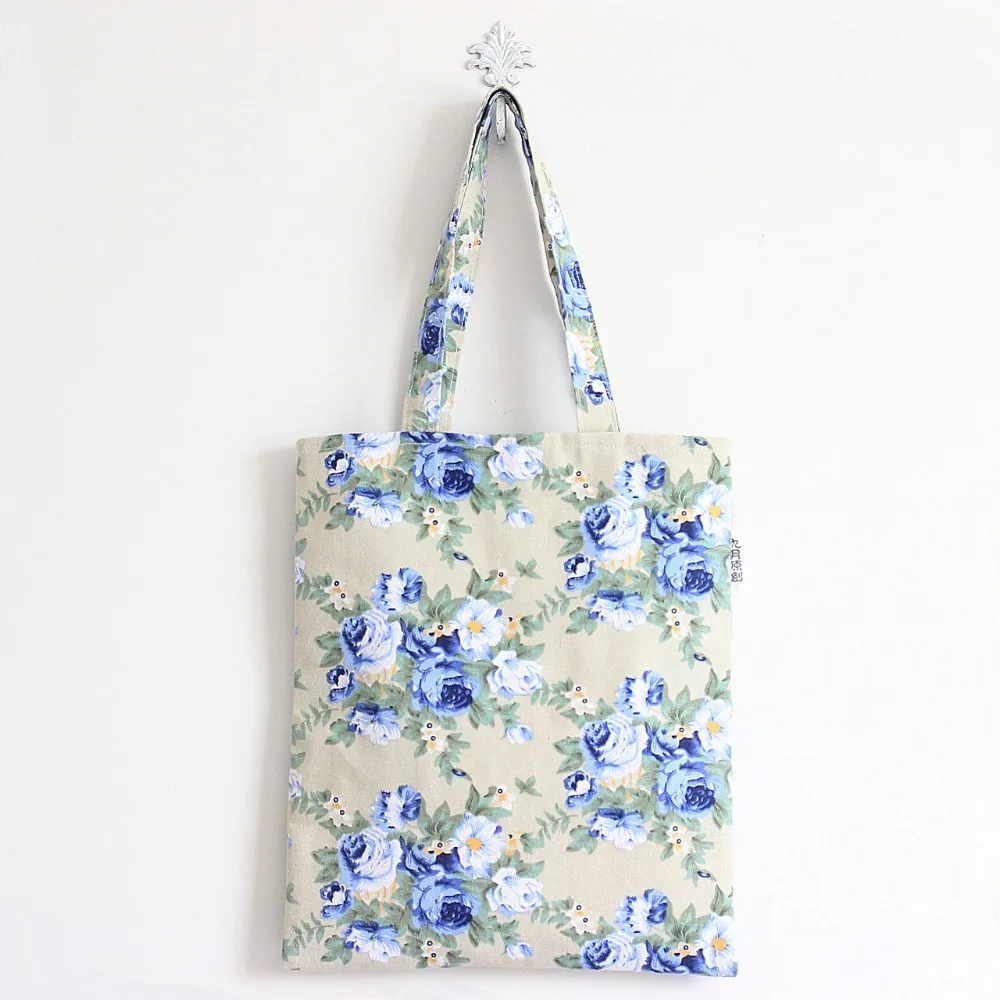 

YILE Cotton Linen Shopping Tote Shoulder Carrying Bag Eco Reusable Bag Printed Blue Flower L150