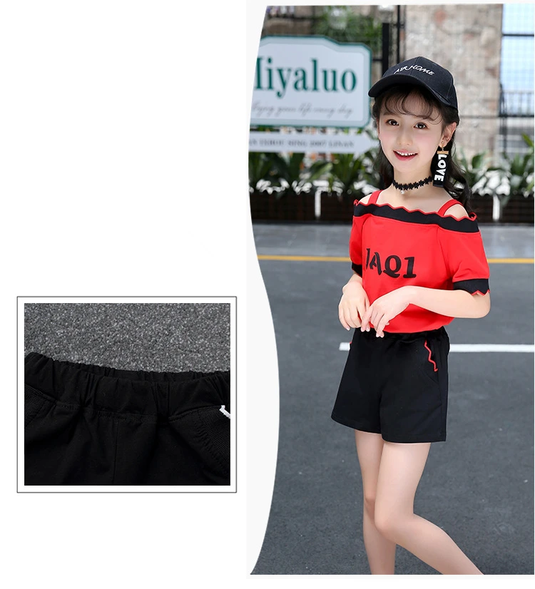 Cute Casual Teenage Clothes For Girls Clothing Sets 2019 Summer Children Shoulderless Letter Tshirt Tops Shorts 2Pcs Kids Suit (4)