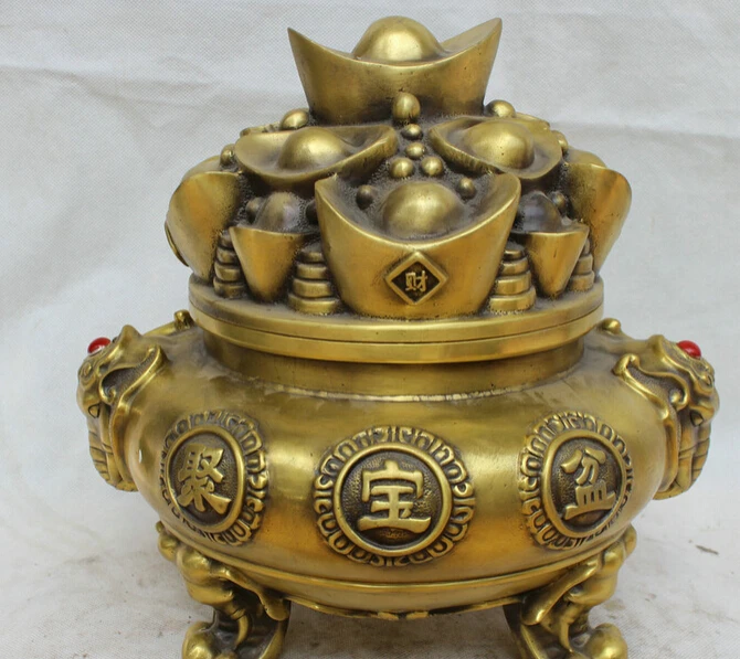 

JP S62 13" China Copper Wealth 3 Foot Elephant Head Treasure Bowl Incense Burner Censer Discount 35%