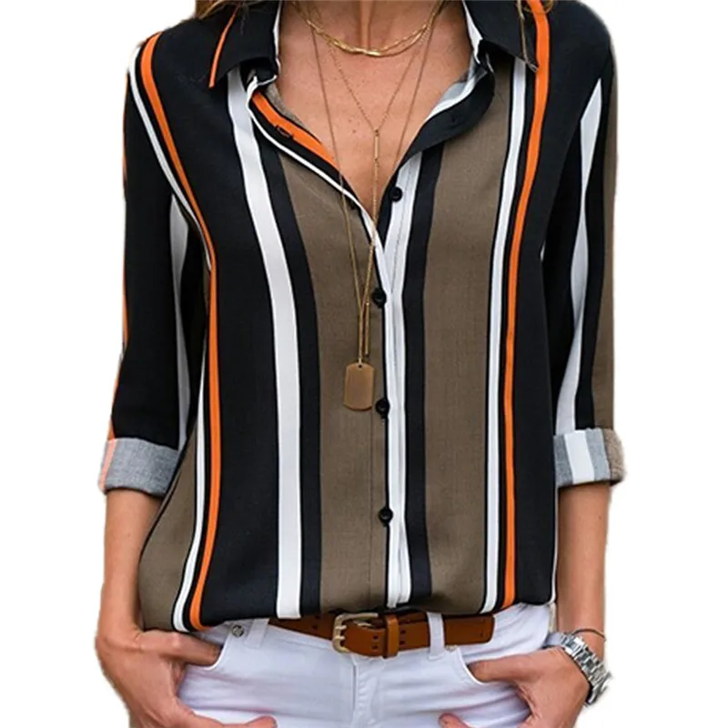 

Hot sale Women blouse Casual Cuff Long Sleeve V-neck Button Up Striped Summer Novelty Women Blouse Tops dropshipping -62