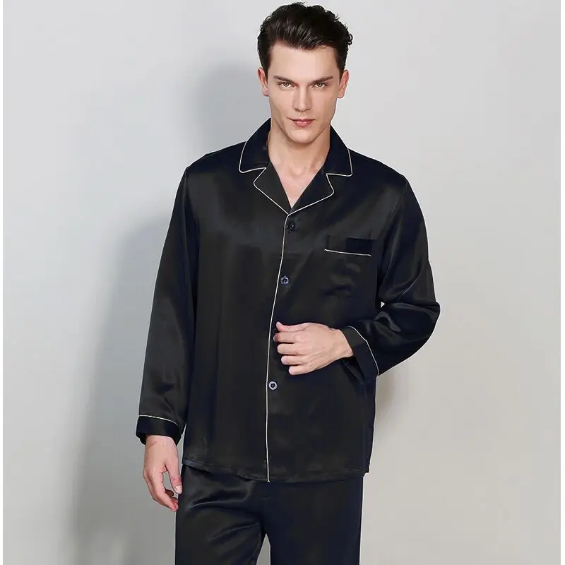 High Quality 100% Real Silk Men Pajamas Sets All Season 100% Mulberry Silk Long Sleeve Pyjama Homme Luxury Sleepwear