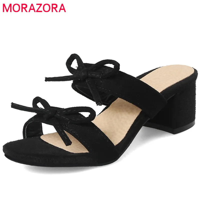

MORAZORA 2018 new arrival women outside slippers simple flock summer shoes bowknot big size 33-43 comfortable square heel shoes
