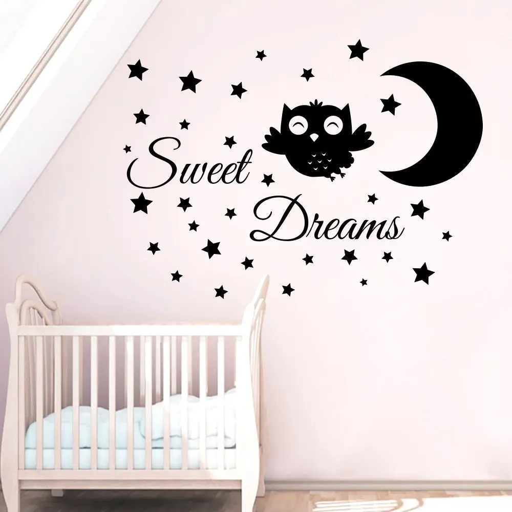 

HWHD Owl Wall Decals Sweet Dreams Vinyl Sticker Moon And Stars Removable Decal Nursery Baby Girl Room Home Window Decor o1474