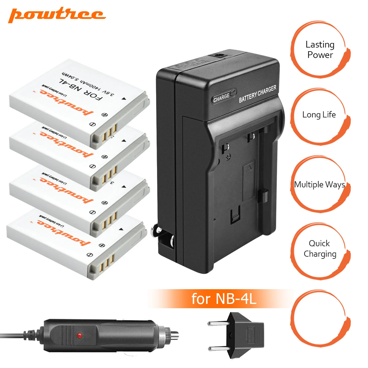 

4Pcs akku NB-4L NB4L NB 4L Battery+Car Charger Plug for Canon IXUS 50 55 60 65 80 75 100 I20 110 115 120 130 IS SD780 SD960 L20