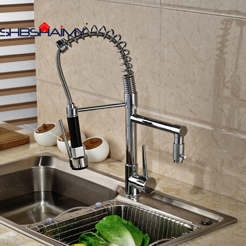 

Chrome Polished Pull Down Kitchen Faucet Dual Spouts 360 direction Shower Kitchen Mixer Crane Hot Cold 2 Outlet Spring Tap (C)