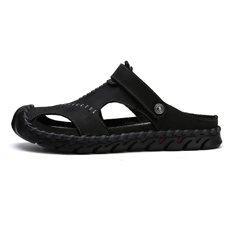 Новые модные мужские сандалии из натуральной кожи летняя кожаная пляжная обувь мужская обувь на плоской подошве с закрытым носком Zapatos - Цвет: Черный