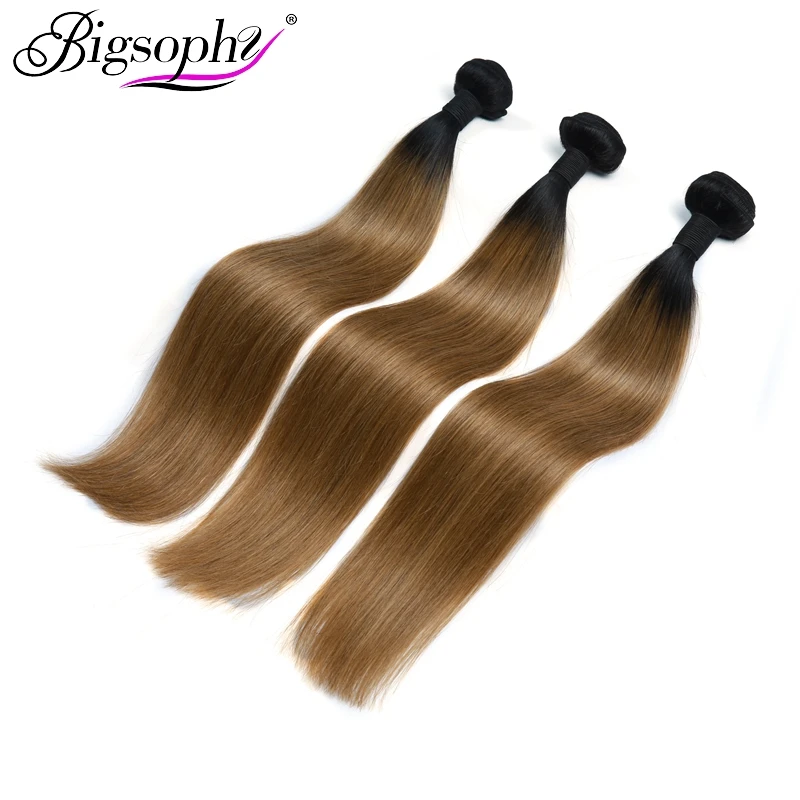 Bigsophy Hair Straight Peruvian Hair Weave Bundles 3pcs Human Hair Extensions Ombre Color 2 Tone 1B/27 Top Remy Hair