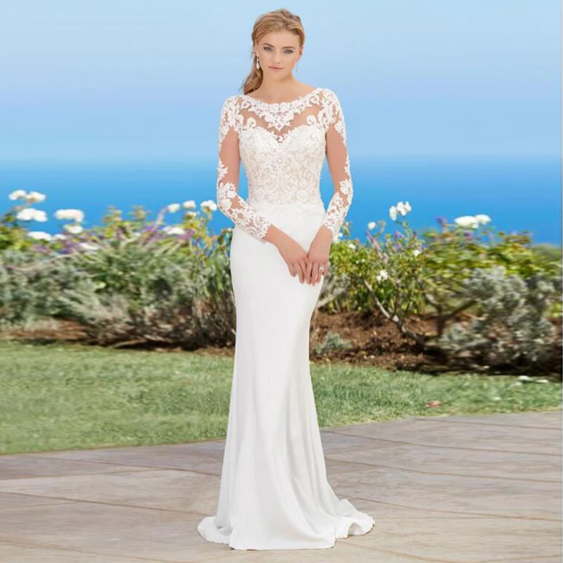 

LORIE Mermaid Wedding Dress Long Sleeve Scoop Appliques Lace Beach Bride Dress Long Train Princess Wedding Gown robe de mariee