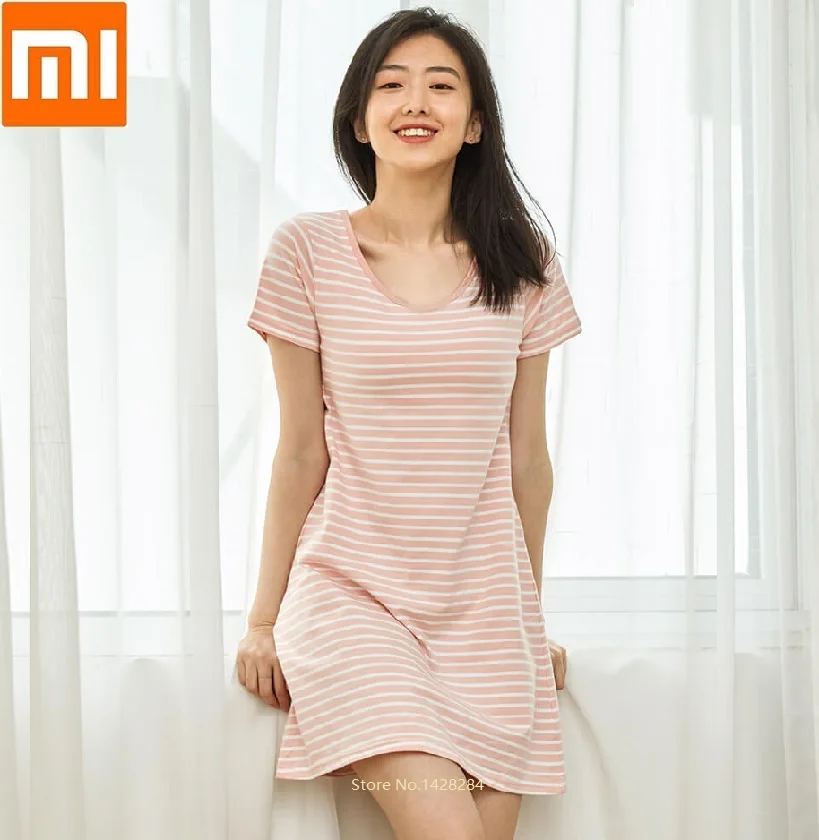 

Xiaomi Cottonsmith Summer woman Homewear Casual Cotton nightgown stripe nightdress Chest pad design Female sleepwear dress