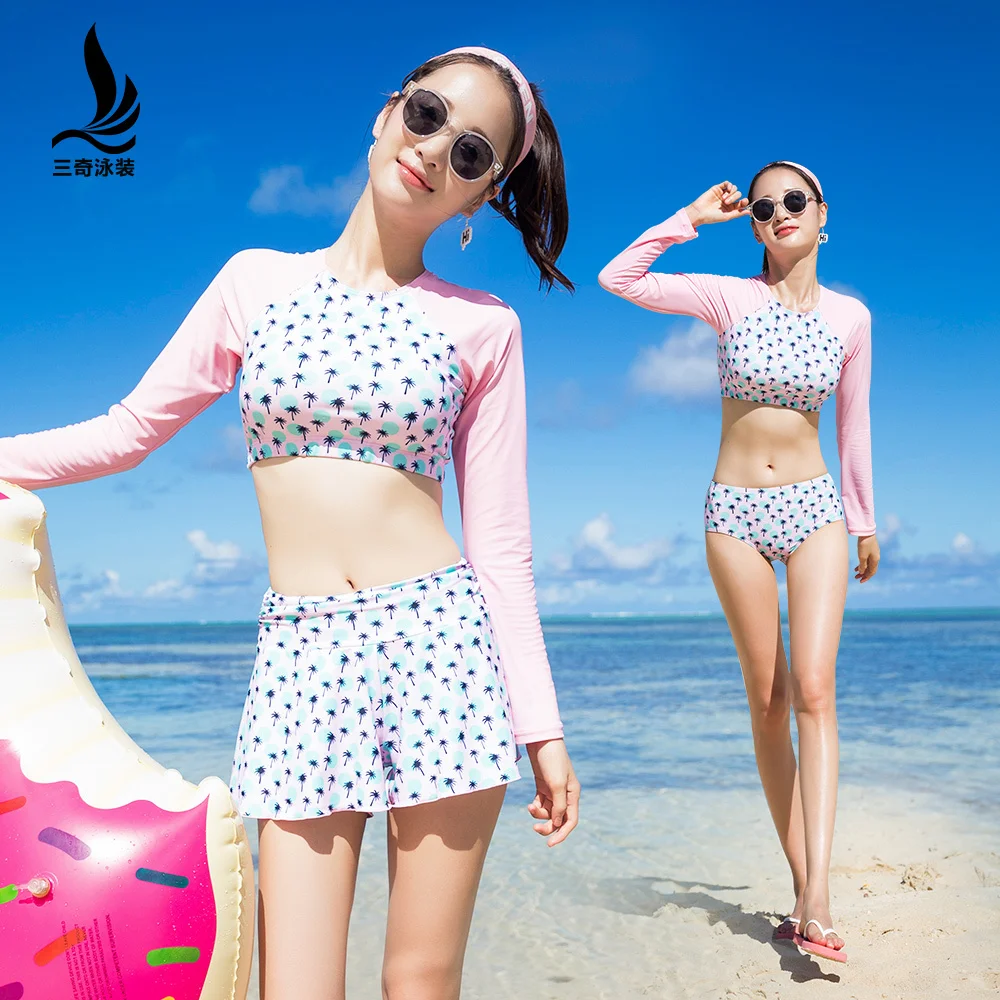 

Korean Long Sleeve Thin Sunscreen Diving bikini Suit Style Swimwear Straight Angle Three-piece Swimming Dress Bring chest pad