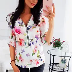 Женские топы для женщин блуза на молнии рубашки Рабочая футболка с длинными рукавами праздничные "плюс сайз" Цветочный принт