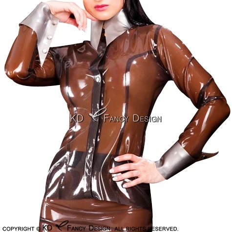Прозрачная коричневая Сексуальная латексная блузка с серебряными манжетами на пуговицах спереди резиновая рубашка верхняя одежда размера плюс YF-0061 - Цвет: trans brown w silver