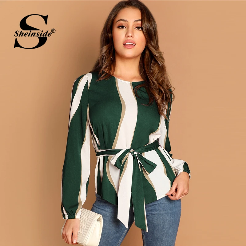 

Sheinside Fashion Green Colorblock Striped Print Blouses Women 2019 Spring Waist Belted Blouses Elegant Ladies Workwear Shirt