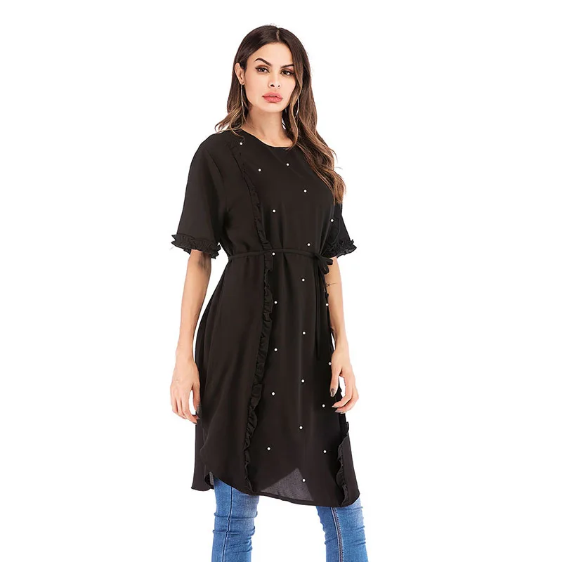 

Muslim Dress abaya Women Blouse Large size Women's New Chiffon Round Neck Shirt Fashion Casual Beaded Shirt