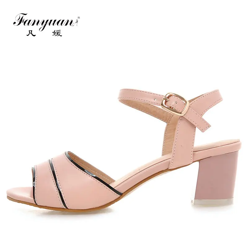 

Fanyuan Brand Women Peep toe Sandal shoes Outdoor Date lady Mix color med Heel Pumps Mix color Ankle Buckle slingback Sandals