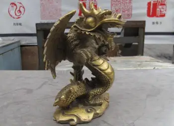 

6" Chinese Feng Shui Brass Copper Lucky Fly wing Dragon Auspicious Statue