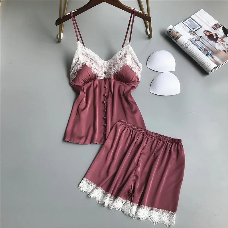 

Pajamas New Female Summer Ice Silk Korean Version Thin Section Sexy Bud Ribbon Chest Pad Strap Shorts Two-piece Pizama Damska