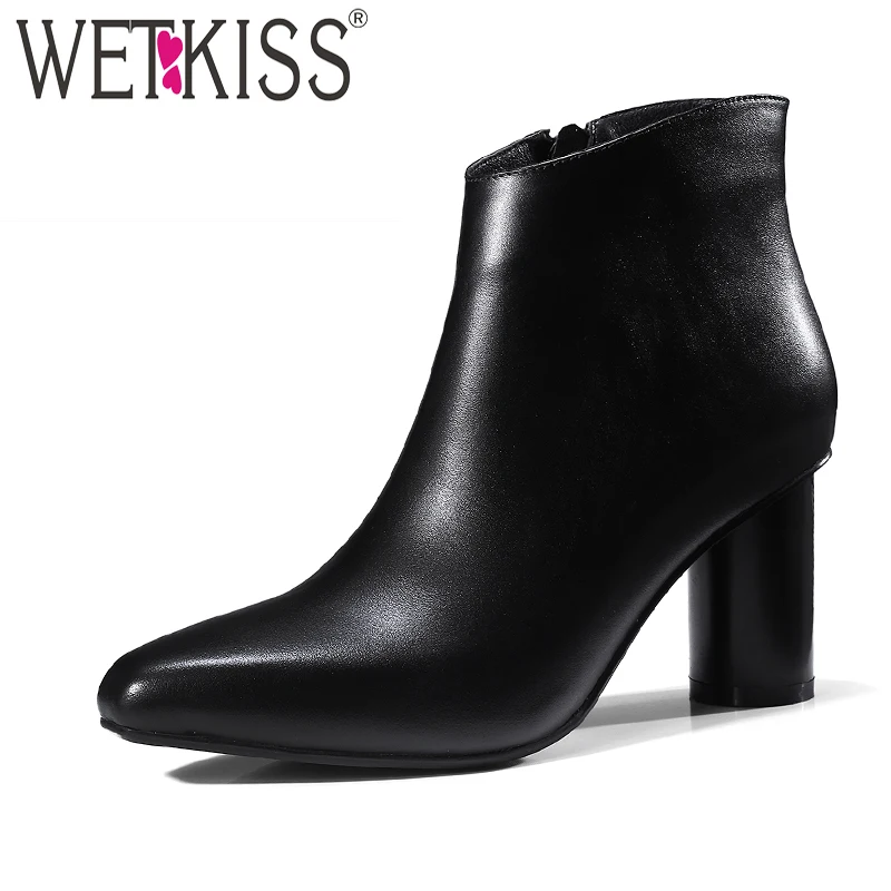 

WETKISS Brand Concise Ankle Boots Natural Leather Women's High Strange Heel Shoes Side Zipper Winter Boots Female Shoes 2018 New