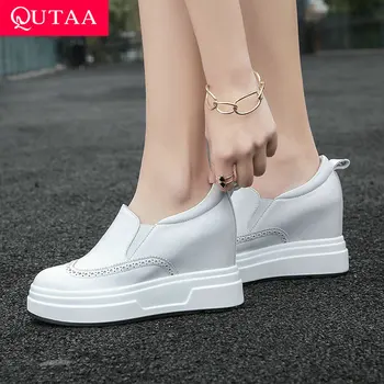 

QUTAA 2019 New Shoes Cow Leather +PU All Match Slip on Wedges Heel Women Shoes Platform Spring/autumn Women Pumps Size 34-40
