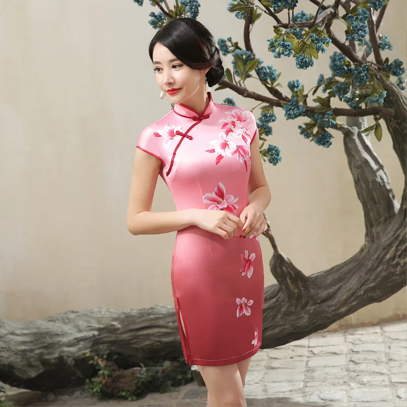 Китайский Cheongsam элегантный тонкий цветочный Повседневный винтажное женское платье Атласный Костюм Тан короткие платья s-xxl