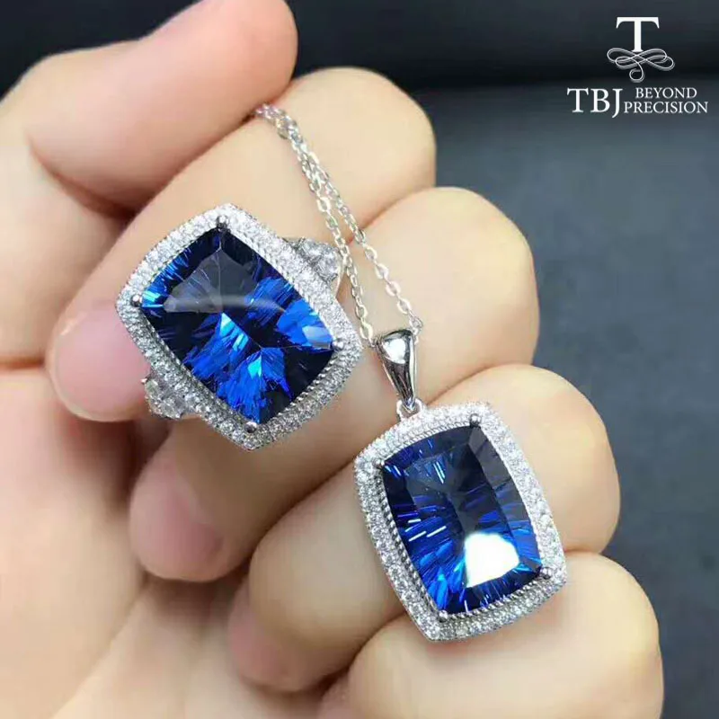

TBJ,Big cushion cut Coated Blue topaz jewelry set pendant and ring unisex 925 sterling silver jewelry gemstone set with gift box