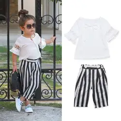 Кружевные наряды для маленьких девочек, футболка Топы, длинные штаны в полоску комплект одежды из 2 предметов