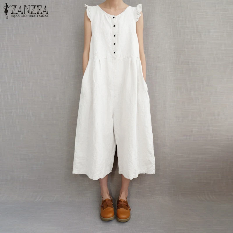 

ZANZEA Women's Jumpsuit Cotton Sleeveless Romper Overalls Elegant Ruffles Wide Leg Jumpsuit Pockets Playsuit Combinaison Femme