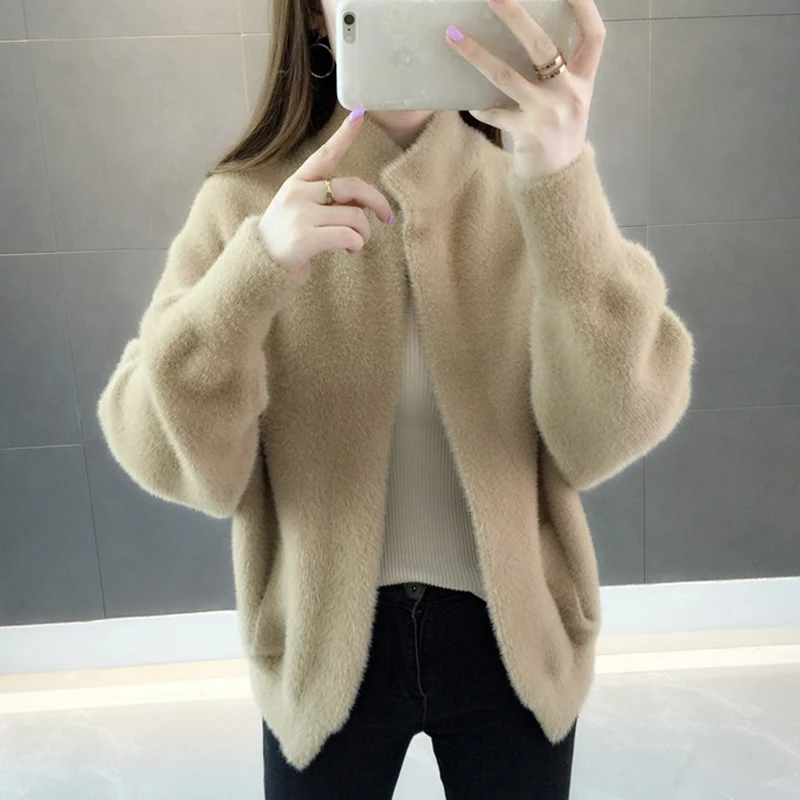 

Fashion Loose Knitted Cardigan Sweater Women Cashmere Stand Collar Casual Cashmere Tops Outwear Black White Sweater Coats FP1434
