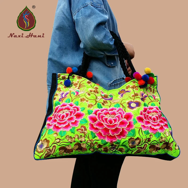 

HOT 2Colors National embroidery women handbags Vintage peony flower canvas lagre Travel shoulder bags