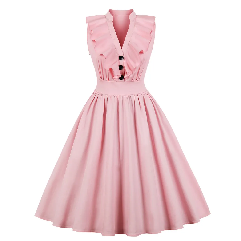 Aovica S-4XL, элегантное Плиссированное летнее платье с рюшами, женское сексуальное винтажное платье с v-образным вырезом, розовые платья, вечерние платья, туника из хлопка - Цвет: Розовый