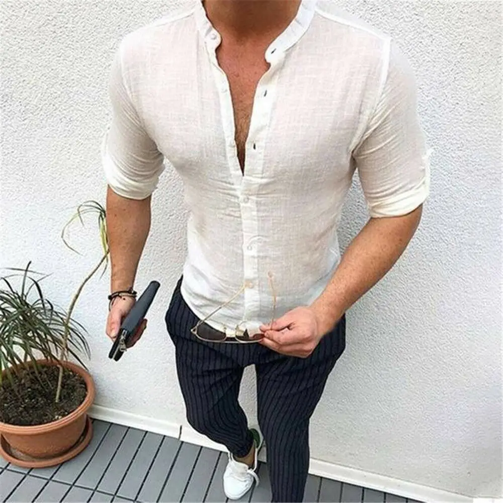Новые мужские льняные рубашки с коротким рукавом и воротником-стойкой, облегающие повседневные летние мужские однотонные топы для фитнеса - Цвет: Белый