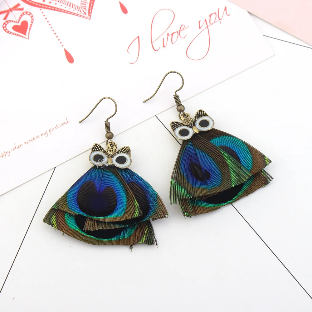 Retro peacock feather tassel earrings  Creative national wind earrings