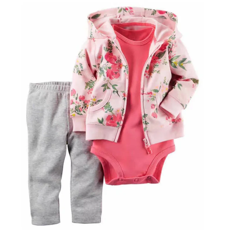 Одежда для маленьких девочек с цветочным рисунком комплекты из 3 предметов комплекты одежды для детей повседневные боди для маленьких мальчиков на зиму и весну, костюм для малышей - Цвет: Бежевый