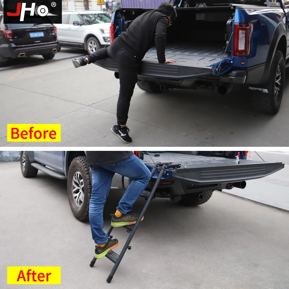  JHO Truck Bed Ladder For 2015-2018 Ford F150 Raptor 2016 2017 Foldable Pickup Tailgate Step Cargo A