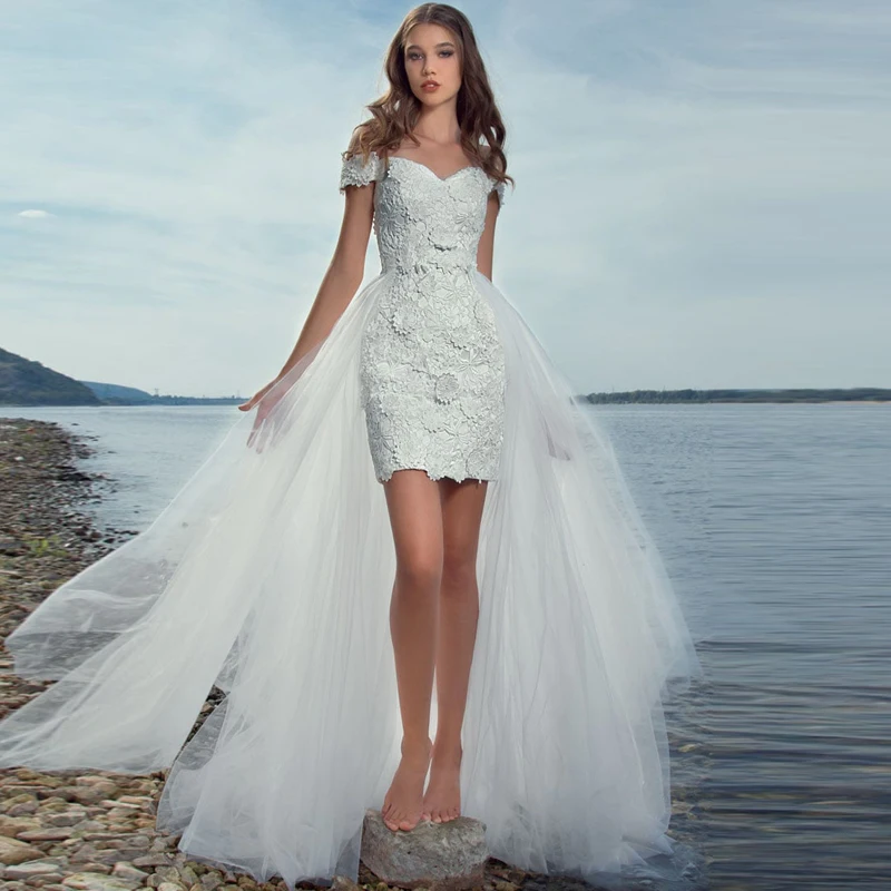 

Charming Off-shoulder Sheath Lace Wedding Dresses with Detachable Train gelinlik Appliqued Removable Bridal Gown Robe de Mariee