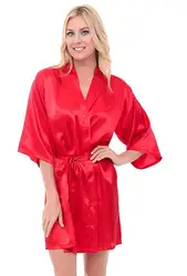 Women's Elegant Silk Satin Short Kimono Robe - Luxe Bridal & Bridesmaid Loungewear - S (Red)