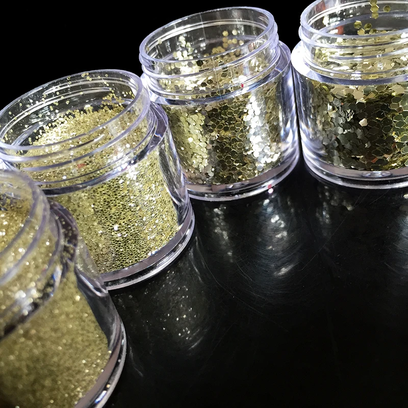 

4 Sizes of Hexagonal Sequin UV nail glitter powder champagne gold dust Platinum Color shimmer Flashing powder 403