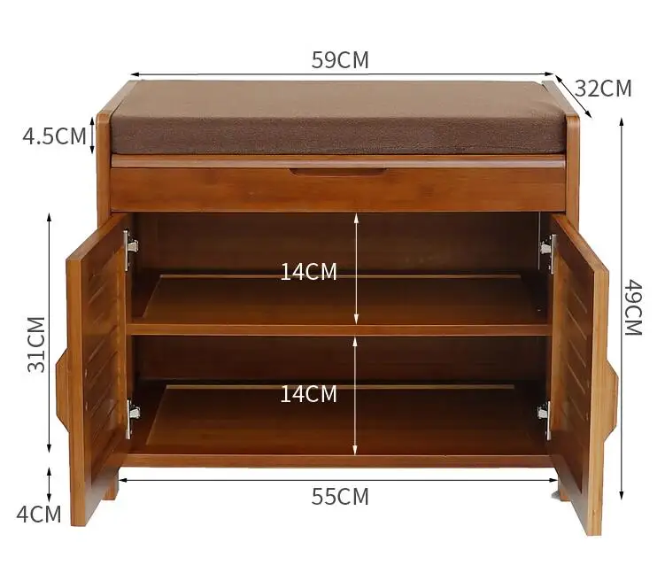 Bamboo Furniture 2 Doors Shoe Cabinet with Drawer & Removable Seat Cushion Shoe Cabinet Storage Unit Bench Entryway Organizer