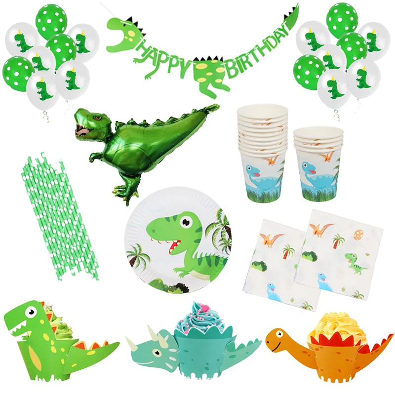 

Cartoon Dinosaur theme party Paper plate/cup/napkin/banner straw tablecloth Kids Boys Birthday Party Decor Disposable Tableware