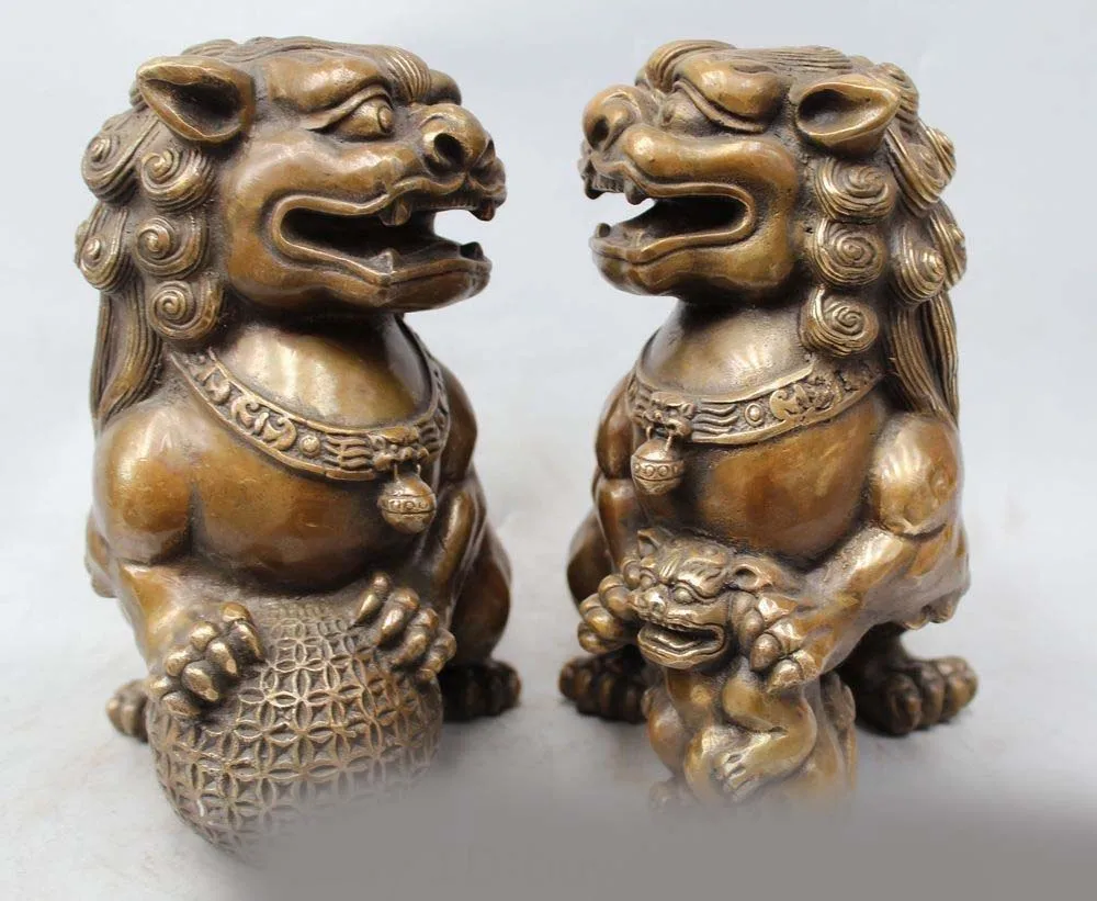 

8" China Chinese Folk Bronze Lion Foo Dog Ball Son Zun Statue Sculpture Pair