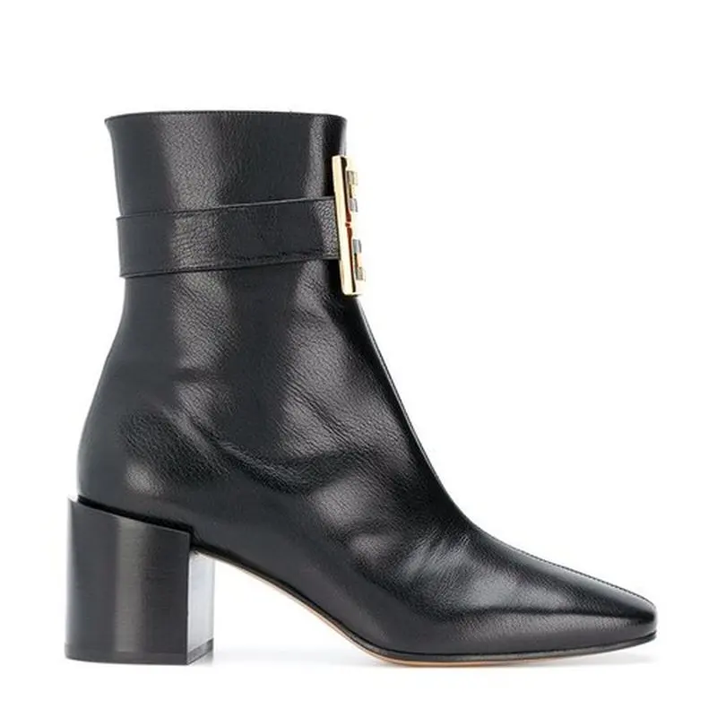 

Genuine Leather Women's Boots Autumn Winter 2018 Ankle Boots for Women 6.5cm High Heel Shoes Metal Square Buckle Luxury Shoes
