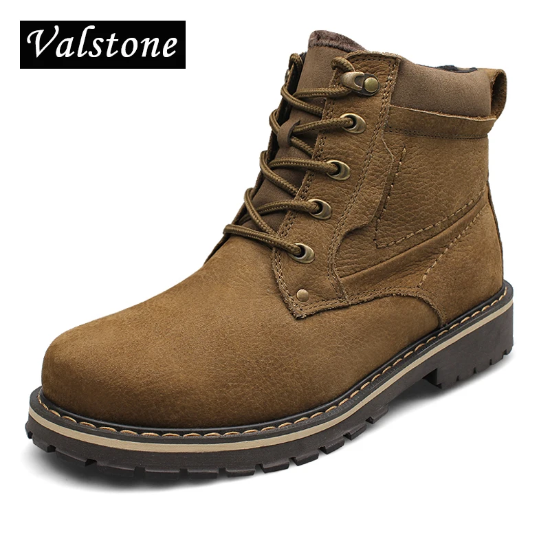 

Valstone Men's Hand made Martin Boots First layer Genuine Leather Ankle Worker Boots Male Warm high top Fluff Botas plus size 52