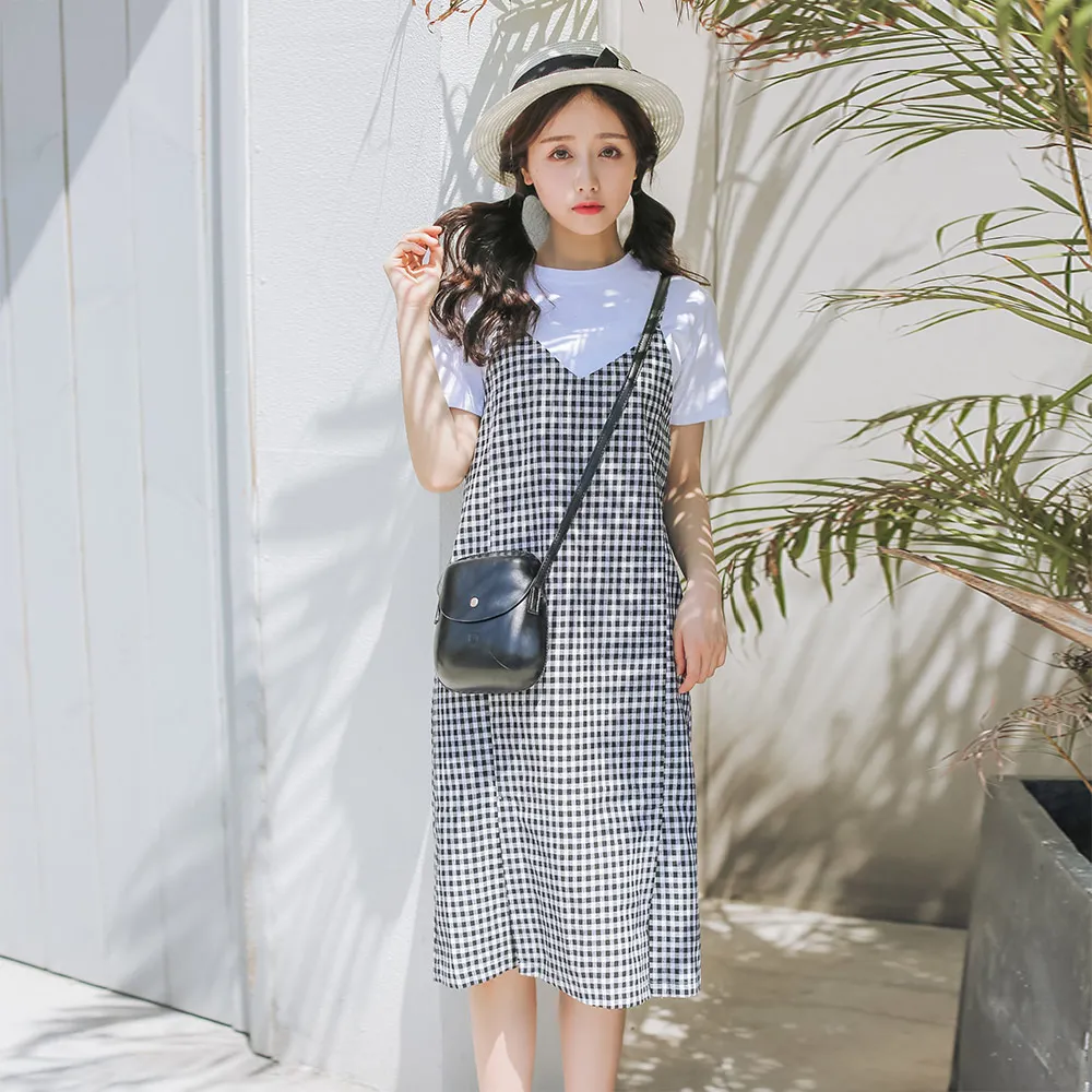 Women's Clothing Japan Kawaii Ulzzang Retro Two-piece Houndstooth Split Dress Female Cute Korean Harajuku Dresses For Women