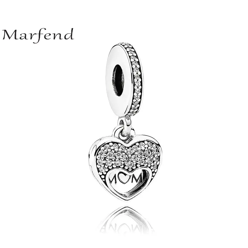 

Marfend 100% Silver 925 New Design I Love My MoM Clear CZ Charm fits Original Bracelet DIY Charms Beads For Lady Fine Jewelry