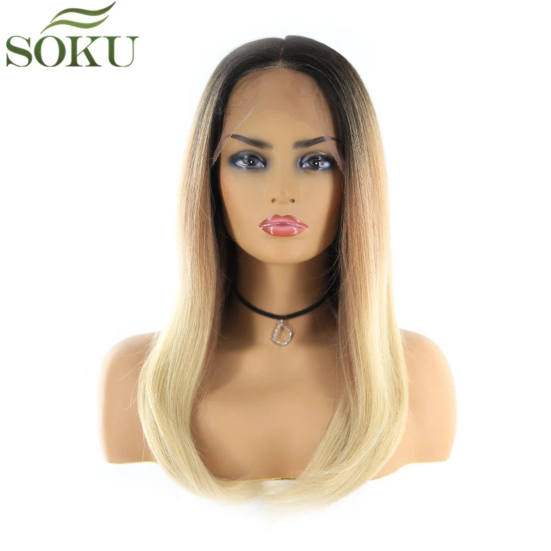 Омбре блонд 13*4 кружевные передние парики с детскими волосами SOKU прямые синтетические кружевные парики для женщин