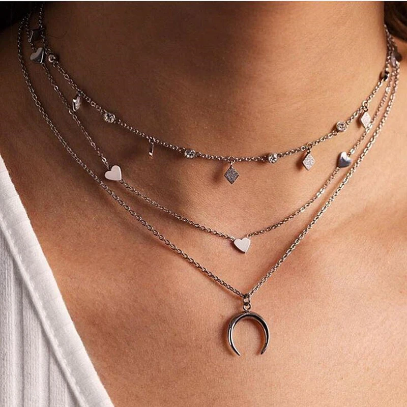 

Mavis Hare Stainless Steel 5 Heart Multi Heart Choker combined with Sparkling rhombus Choker & The Moon Necklace for Woman gift