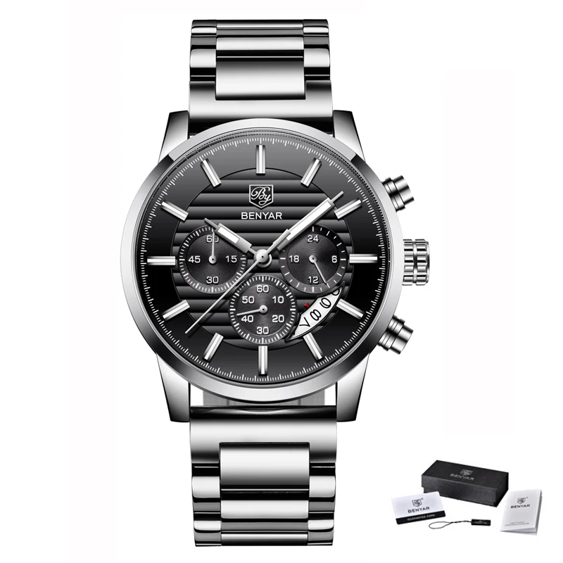 BENYAR montre hommes Топ люкс Марка Кварц Спорт montres hommes режим аналог cuir mâle ETANCHE montre-браслет reloj hombre - Цвет: steel black B