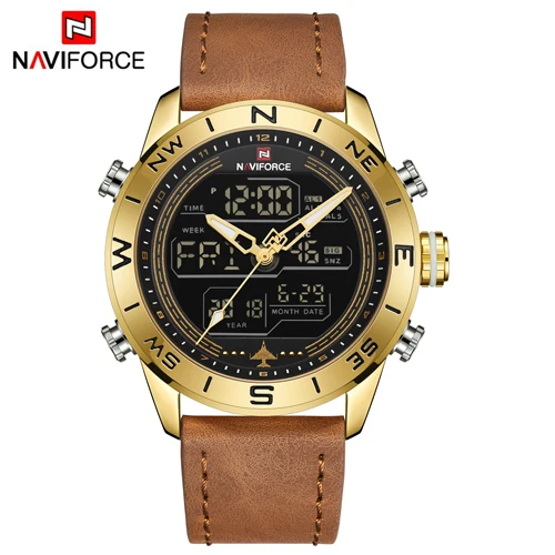 NAVIFORCE Топ люксовый бренд Мужские часы кожа кварцевые наручные часы двойной дисплей цифровые модные спортивные часы Relogio Masculino подарок - Цвет: G G LBN