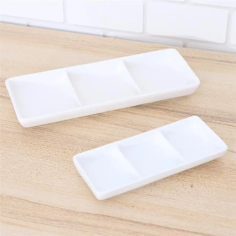 6 / 8.5 Inch Pure White Ceramic 3-Compartment Appetizer Serving Tray Rectangular Divided Sauce Dishes for Spice Dish Soy Sauce